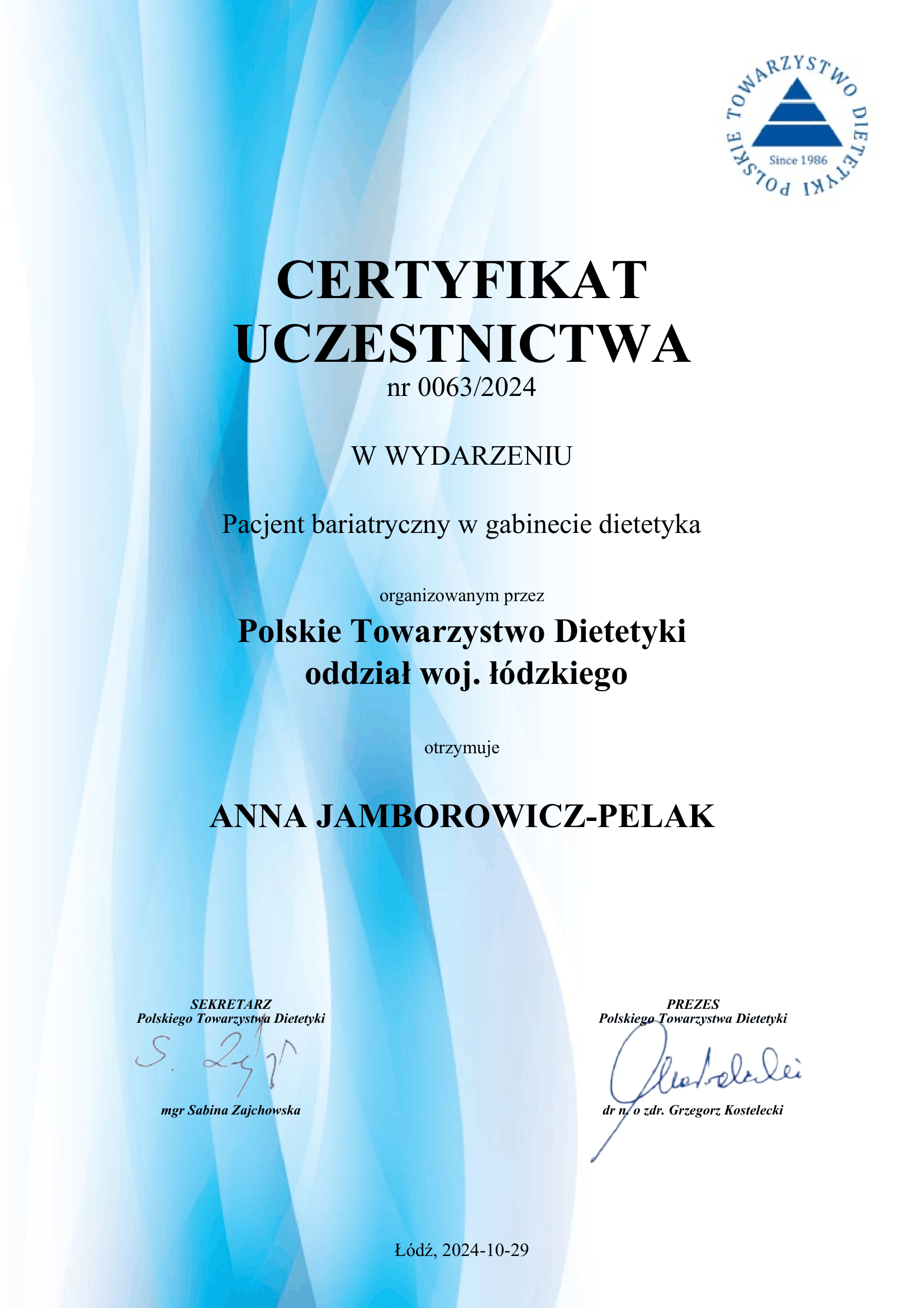 Certyfikat (31)-1 Pacjent bariatryczny w gabinecie dietetyka, 2024