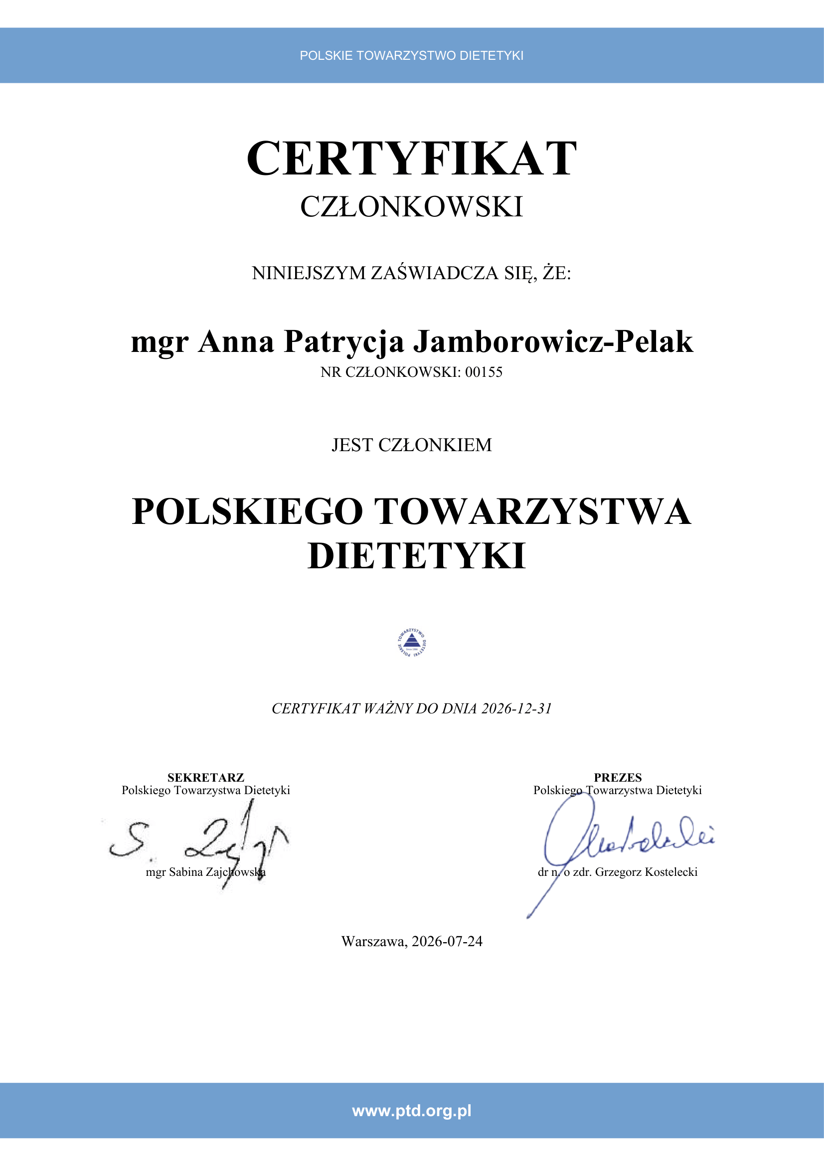 Certyfikat (32)-1 Członkini Polskiego Towarzystwa Dietetyki (nr 00155)