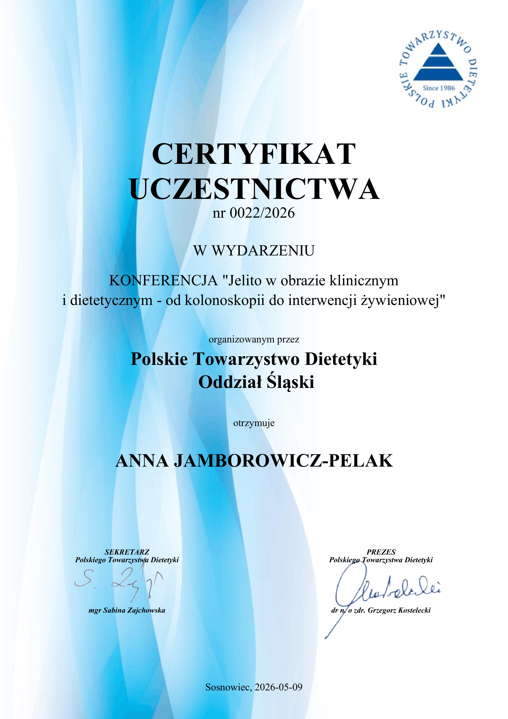 Certyfikat (33)-1 Konferencja „Jelito w obrazie klinicznym i dietetycznym", PTD Oddział Śląski, 2026